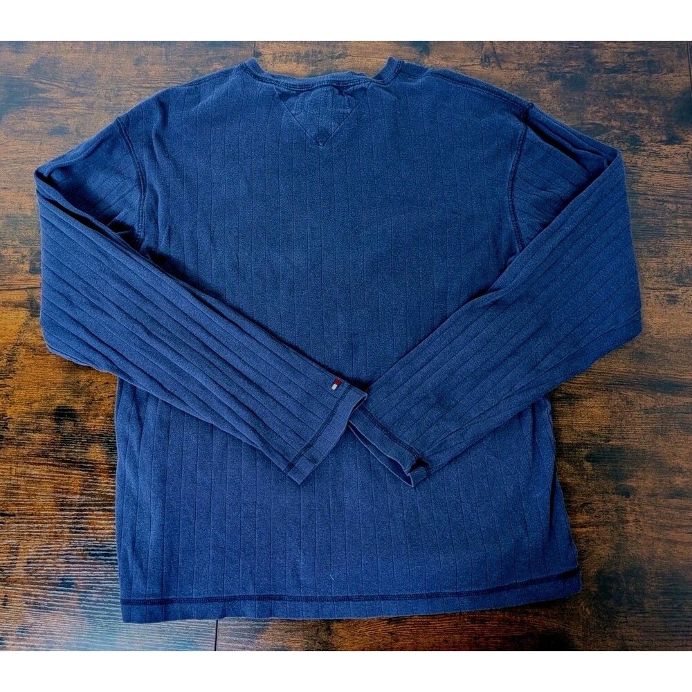 Y2K Tommy Hilfiger Large Navy Blue Ribbed Shirt Long Sleeve Men's Heavyweight - Picture 2 of 10